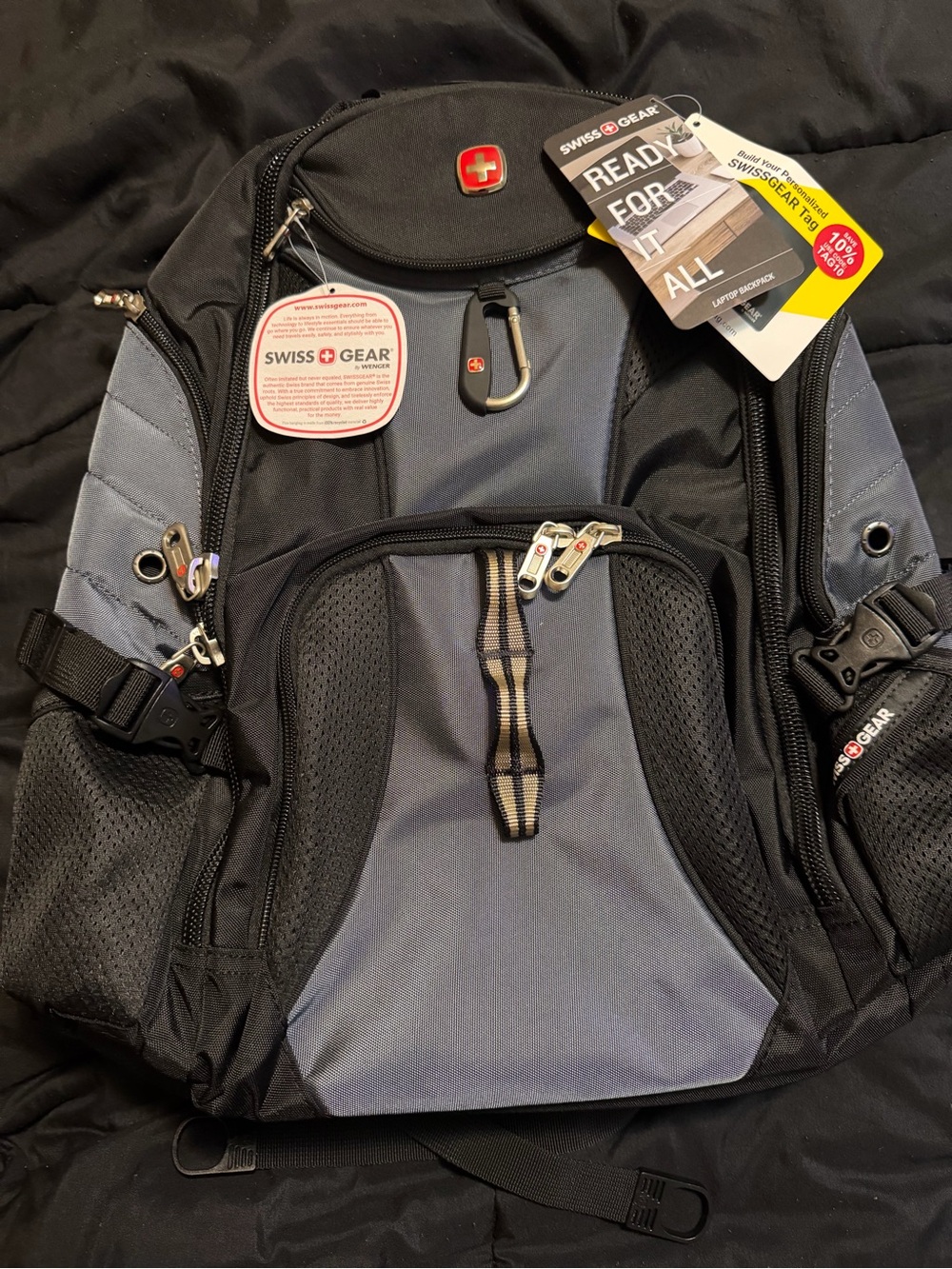 NWT SwissGear Men's Black and Gray Laptop Backpack with Multiple Compartments